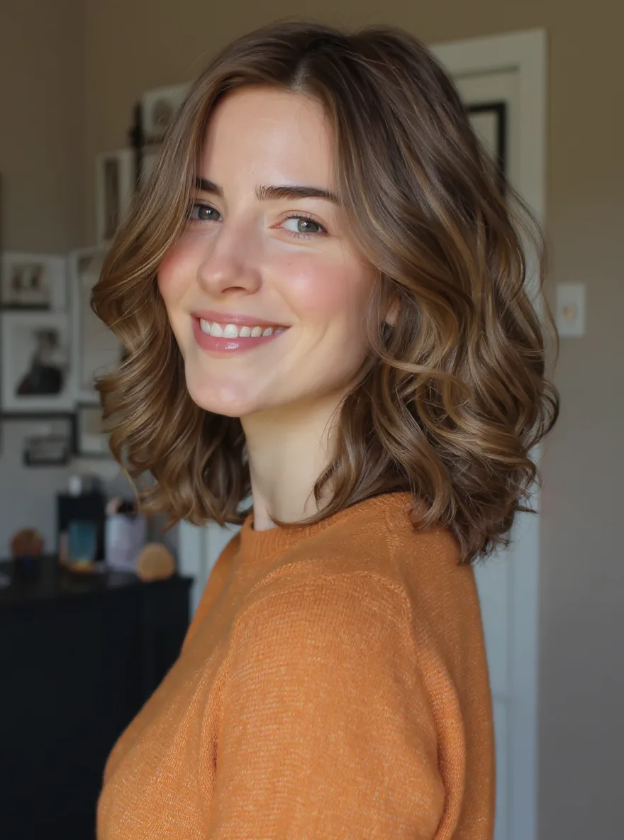 Golden Brown Layered Bob with Soft Wavy Texture